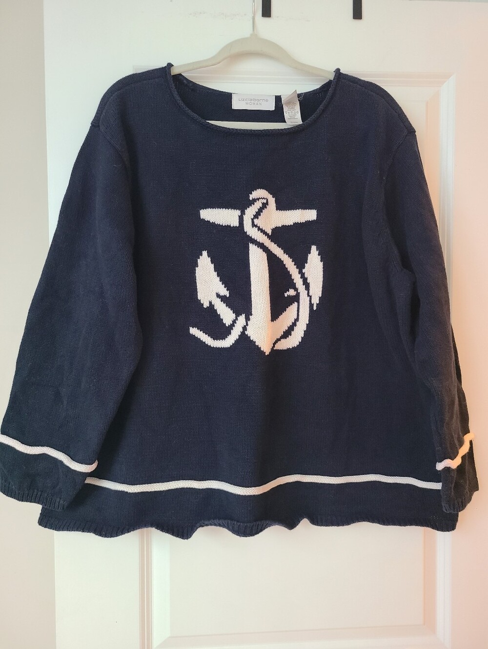 Liz Claiborne Women Navy Cotton Nautical Anchor Knit Sweater